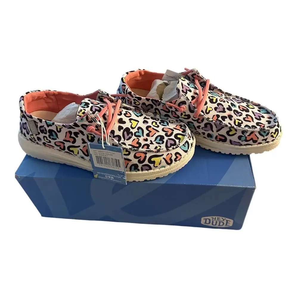 Hey Dude Wendy Youth Cat White Leopard Heart Print Shoes Y4 Girls NWT Box